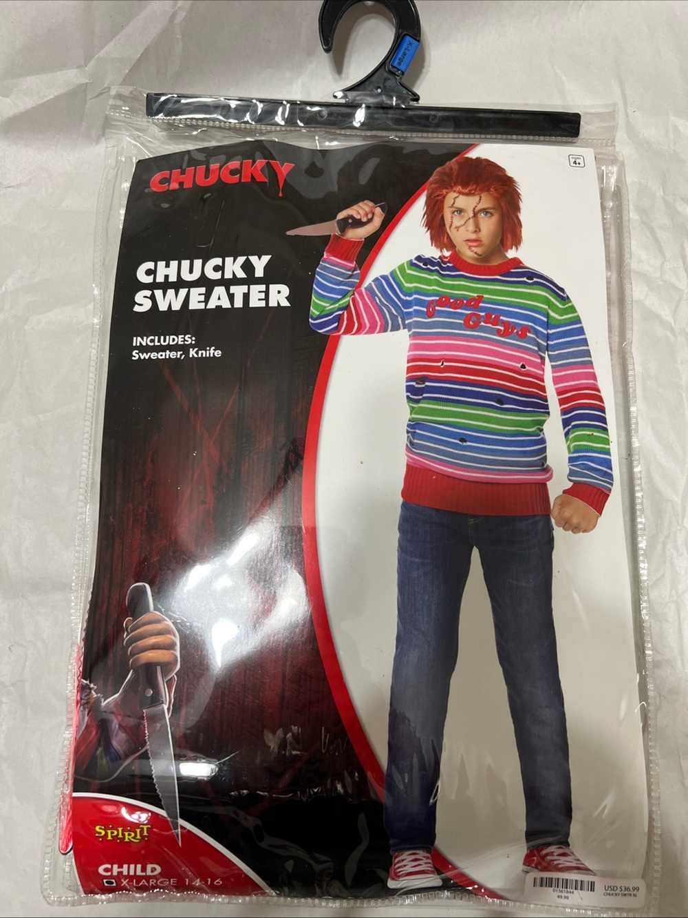 Spirit Chucky Red Multicolor Striped Crewneck Sweater with Bloody Knife XL